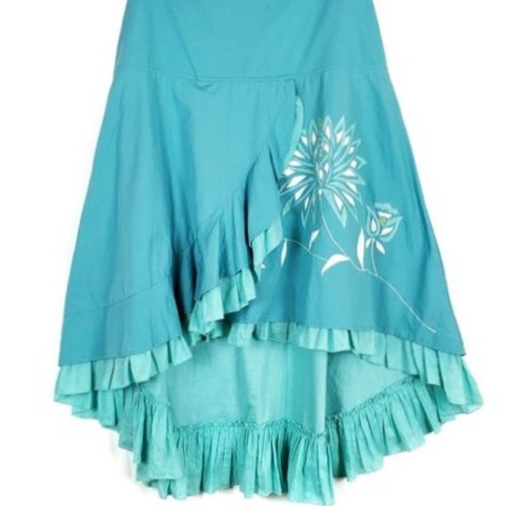 Rene Derhy Aqua Blue Ruffle Hem Embroidered Skirt
